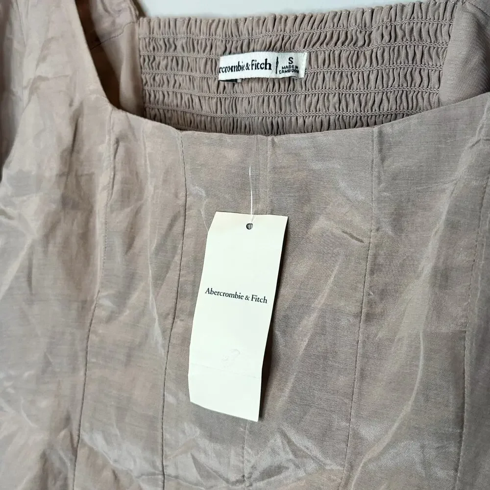 Abercrombie & Fitch Puff Sleeve Shine Cotton Square Neck Top Beige Small Smocked